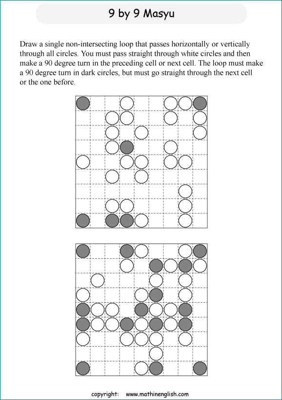 printable Japanese Masyu logic puzzle for kids and math students