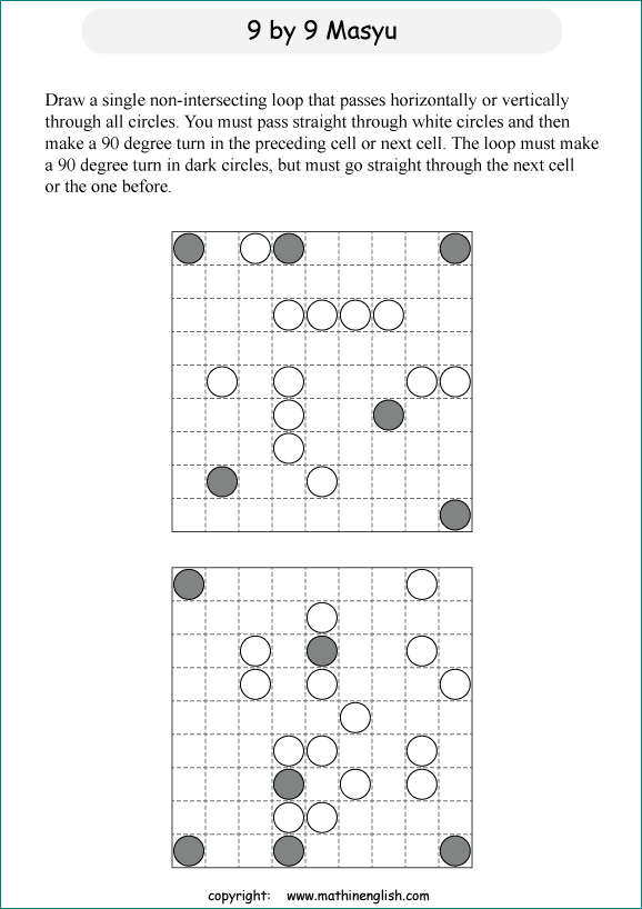 printable Japanese Masyu logic puzzle for kids and math students