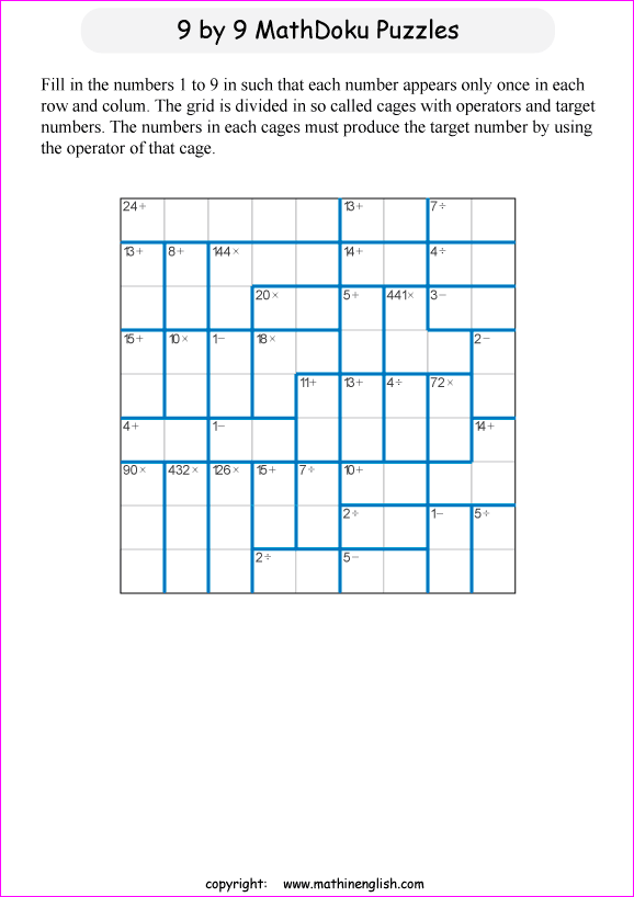 printable 9 by 9 mathdoku math operations puzzle for kids and math students