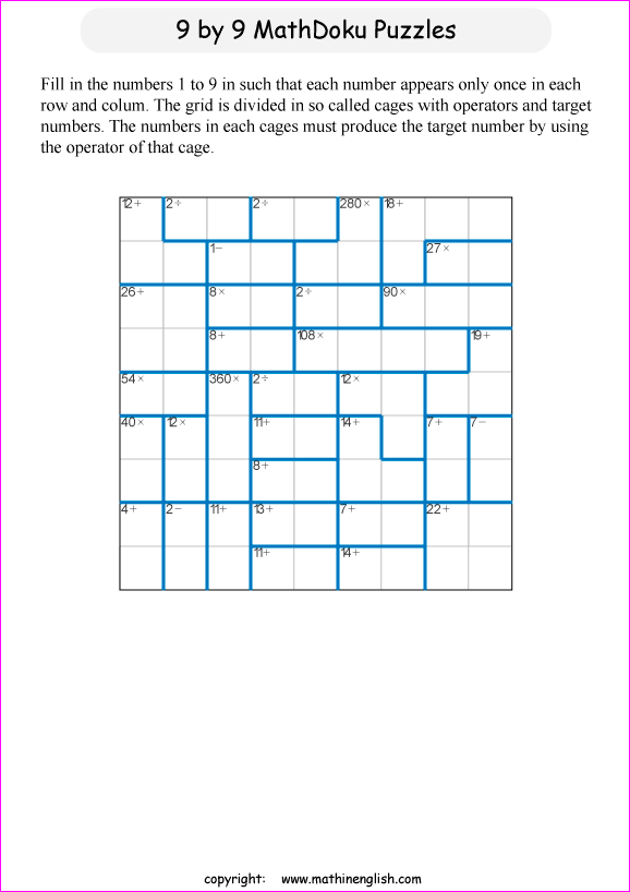 printable 9 by 9 mathdoku math operations puzzle for kids and math students