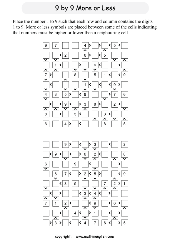 printable 9 by 9 More or Less math Sudoku for children