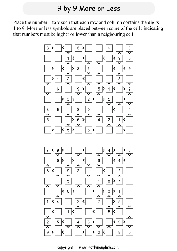 printable 9 by 9 More or Less math Sudoku for children