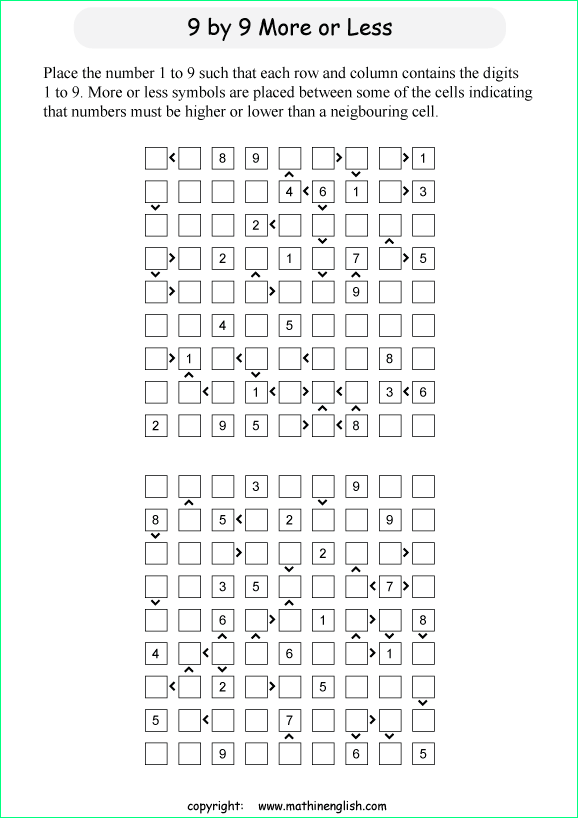 printable 9 by 9 More or Less math Sudoku for children