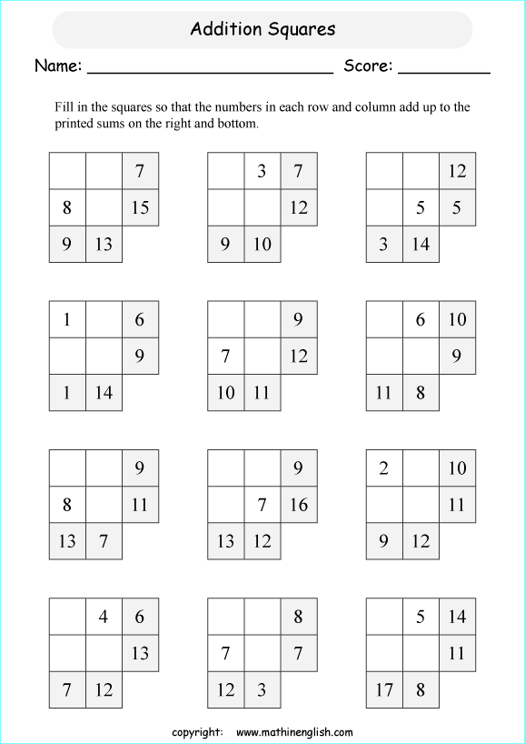 printable addition magic square puzzle for kids