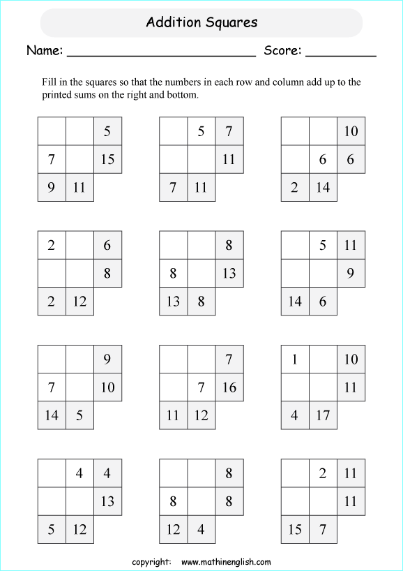 printable addition magic square puzzle for kids