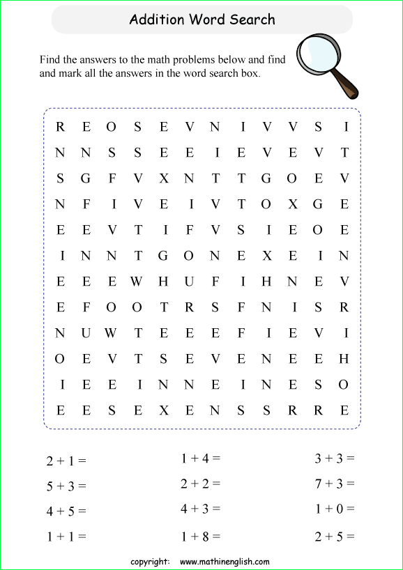 printable addition word search puzzles for kids