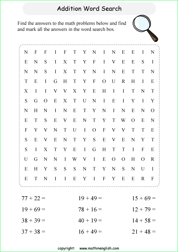 printable addition word search puzzles for kids