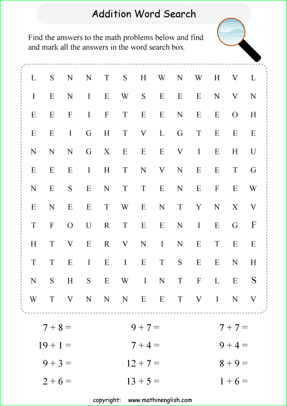 printable addition word search puzzles for kids