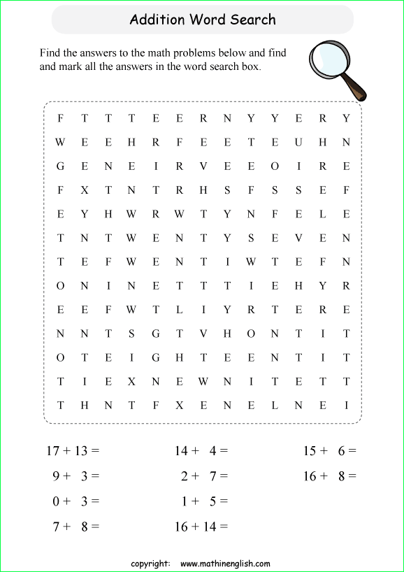 printable addition word search puzzles for kids