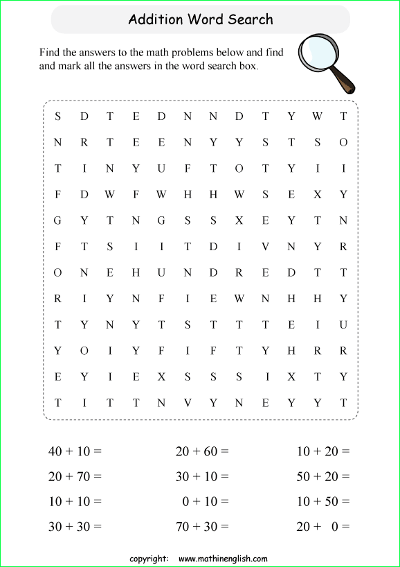 printable addition word search puzzles for kids