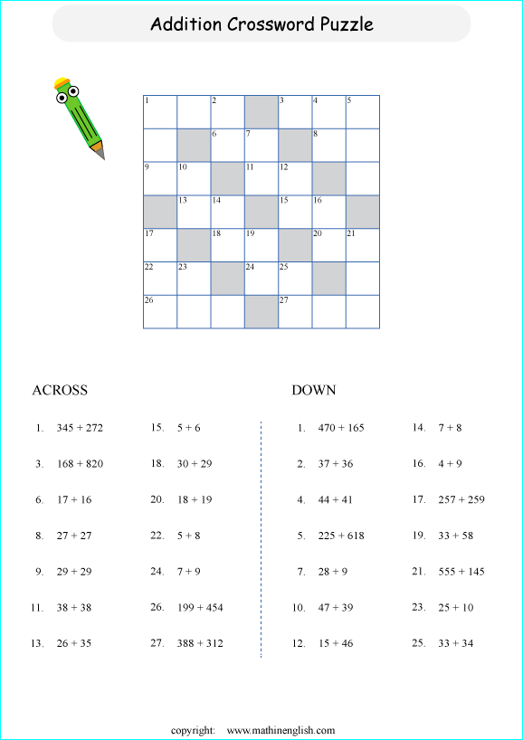 printable math crossword adding big numbers puzzle for kids