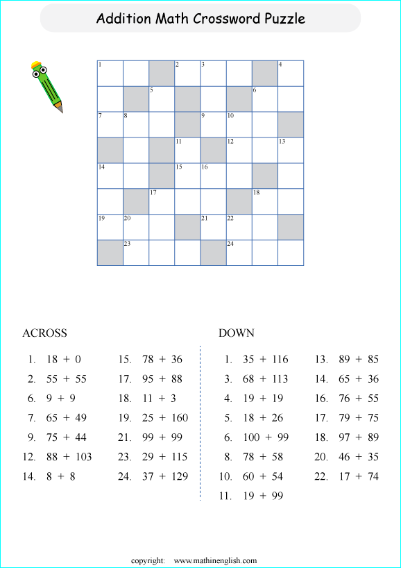 printable math crossword adding big numbers puzzle for kids