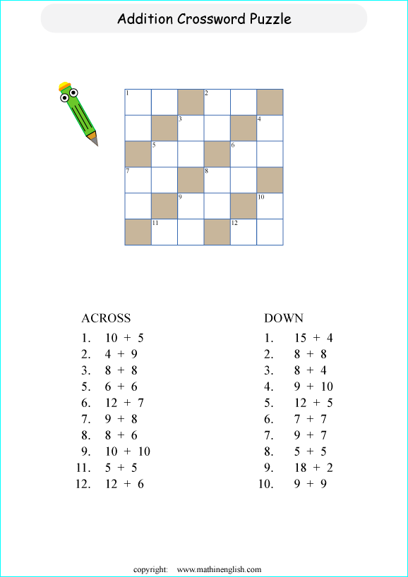 printable basic addition crossword puzzles for kids