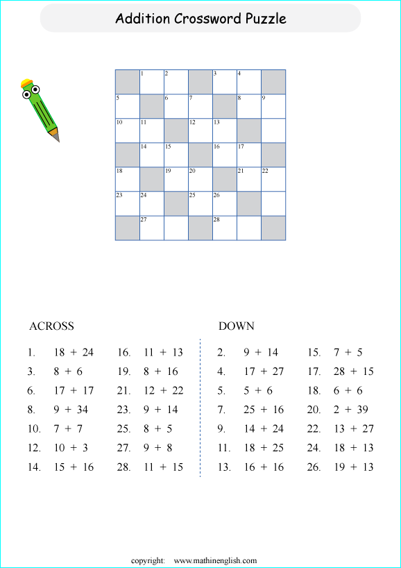 printable basic addition crossword puzzles for kids