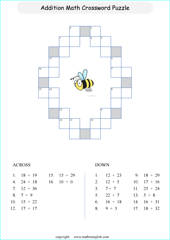 printable basic addition crossword puzzles for kids