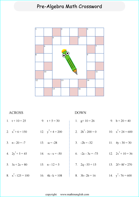 printable algebra crossword puzzle for kids