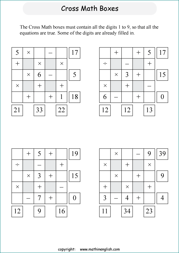 printable crossmath math number puzzle