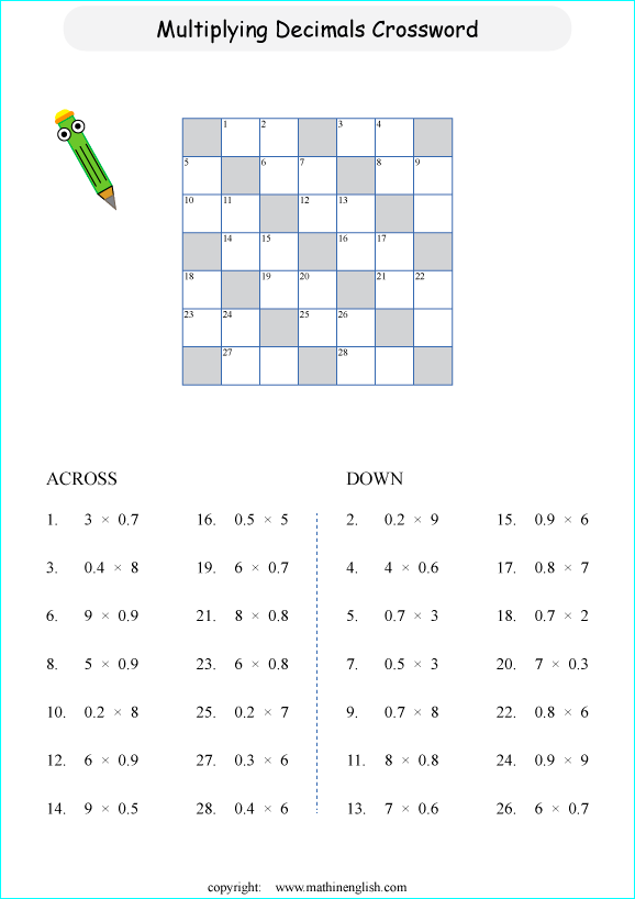 printable fractions and decimals crossword puzzle for kids