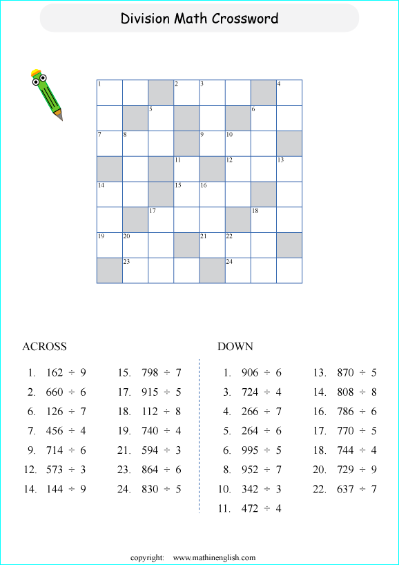 printable division crossword puzzle for kids