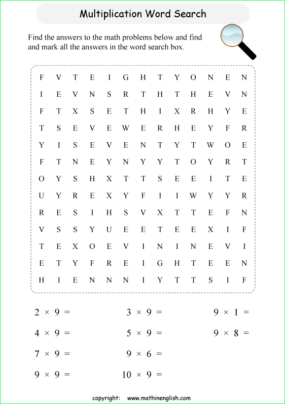 Multiplication Search Puzzle Worksheet