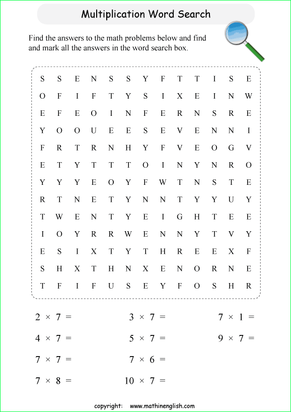 printable multiplication word search puzzles for kids