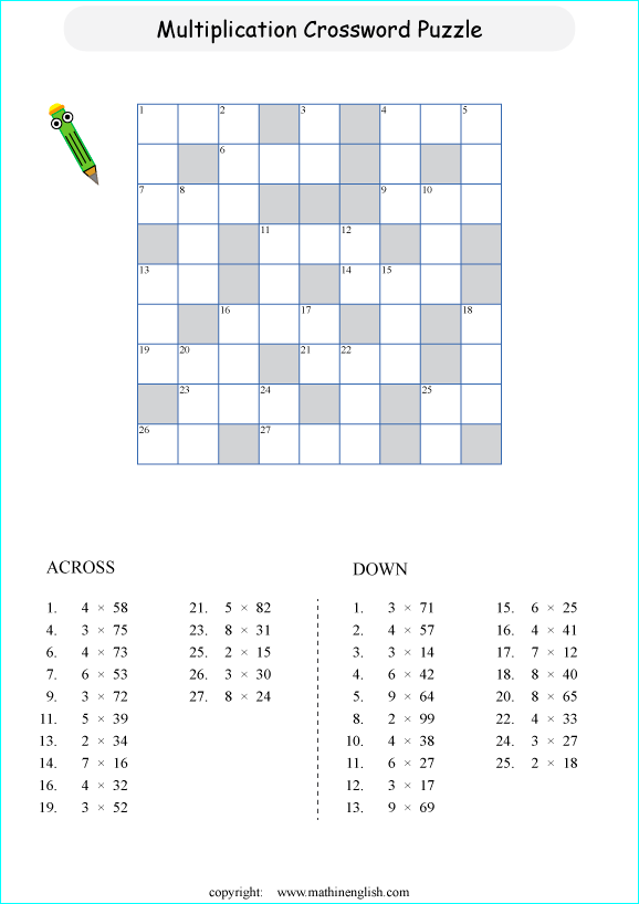 printable multiplication crossword puzzle for kids