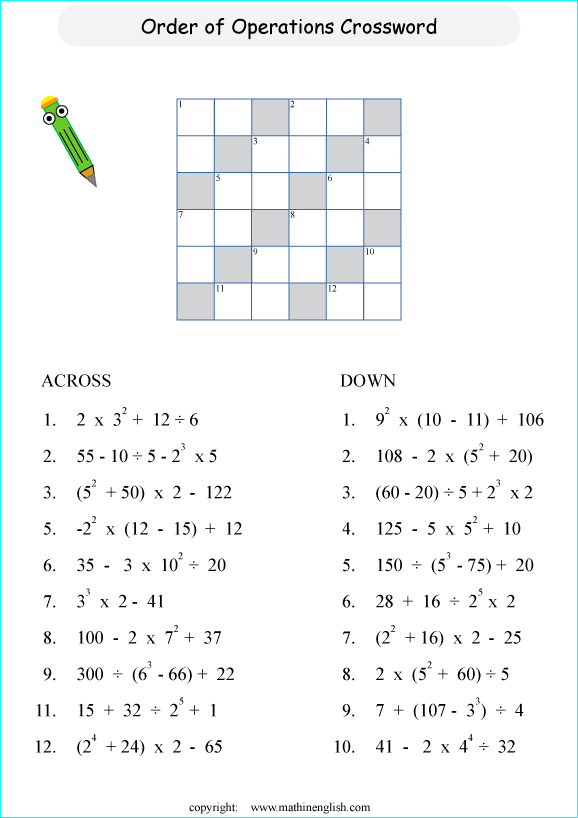 Order of operations math crossword puzzles