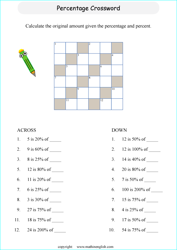 printable percentage crossword puzzle for kids