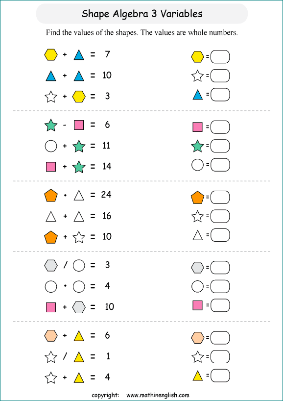 printable Shape Algebra math and IQ puzzle