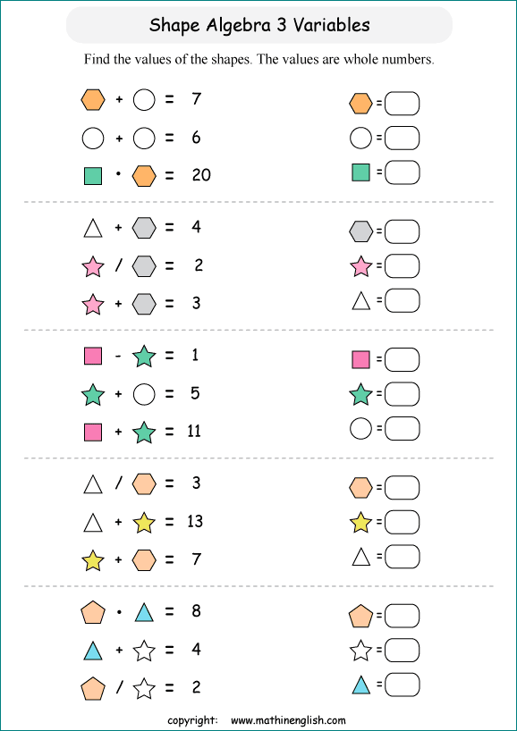 printable Shape Algebra math and IQ puzzle