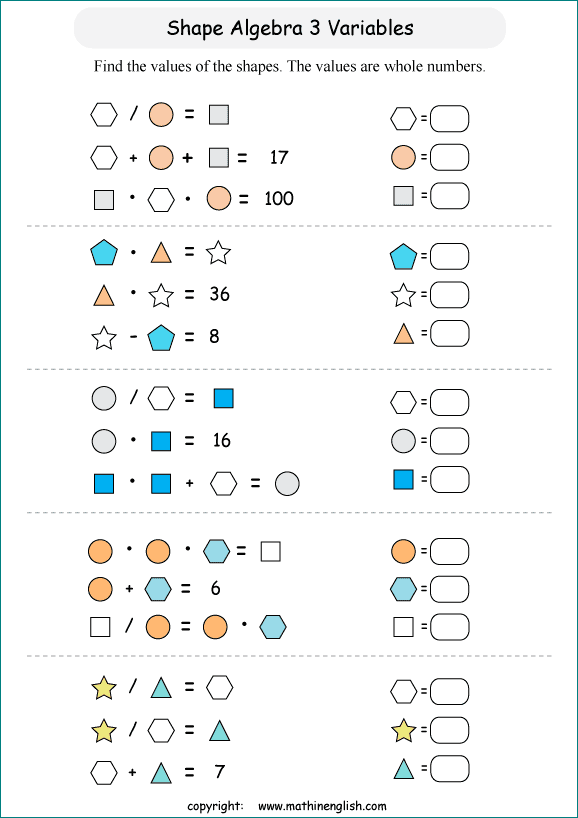 printable Shape Algebra math and IQ puzzle