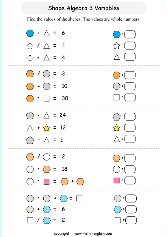 printable Shape Algebra math and IQ puzzle