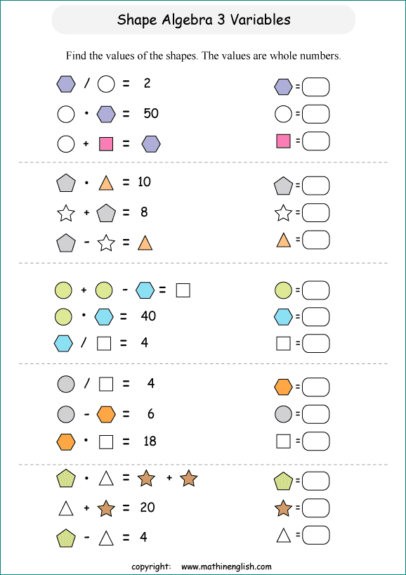 printable Shape Algebra math and IQ puzzle