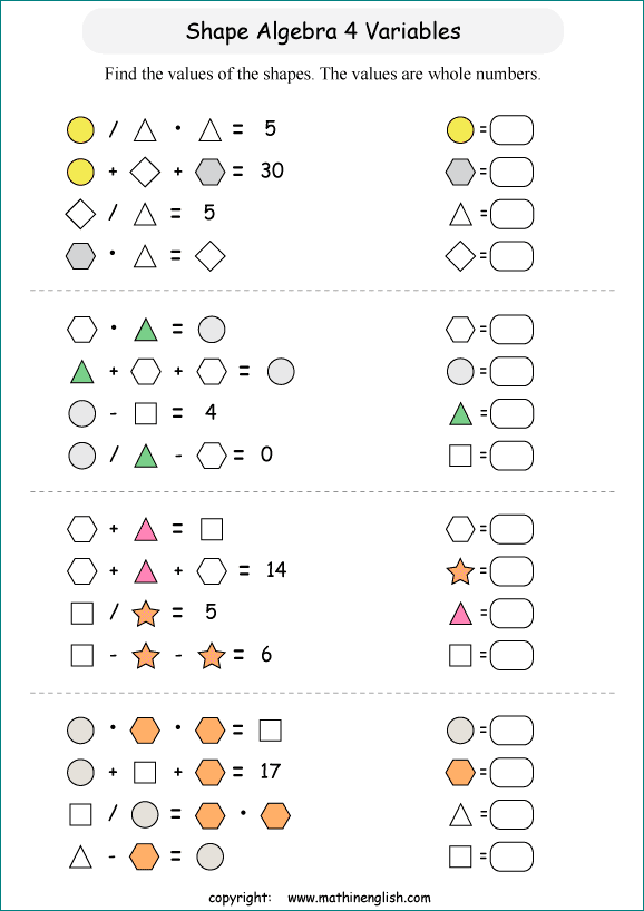 printable Shape Algebra math and IQ puzzle