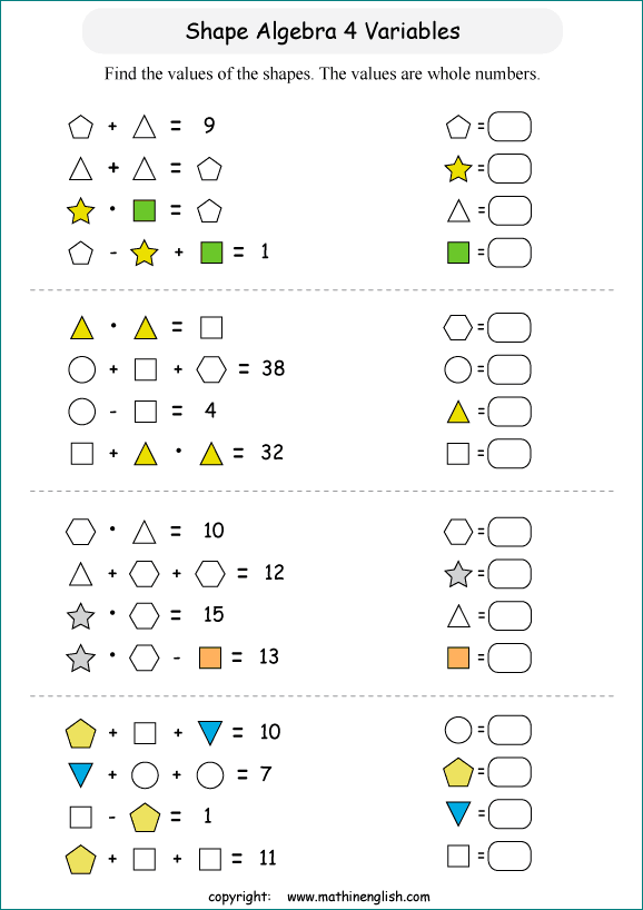 printable Shape Algebra math and IQ puzzle