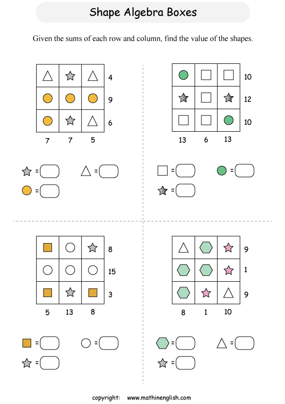 printable Shape Boxes Equation and Algebra IQ puzzle