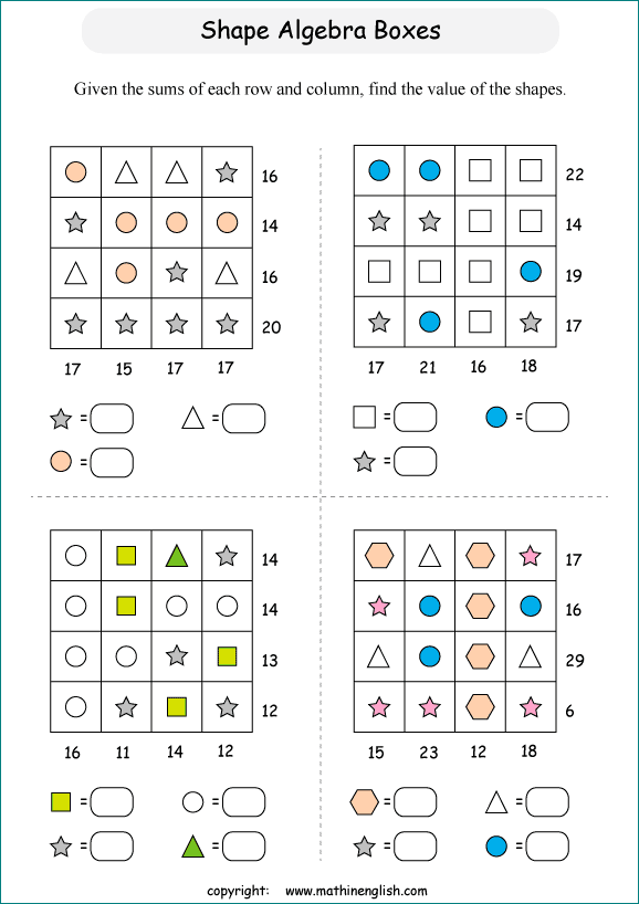 printable Shape Boxes Equation and Algebra IQ puzzle