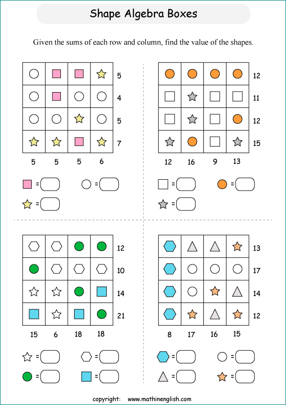 printable Shape Boxes Equation and Algebra IQ puzzle