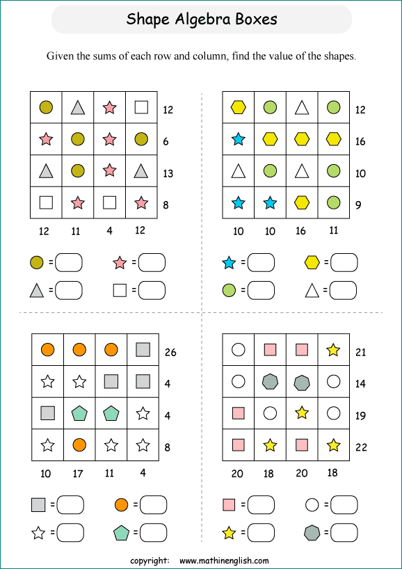 printable Shape Boxes Equation and Algebra IQ puzzle