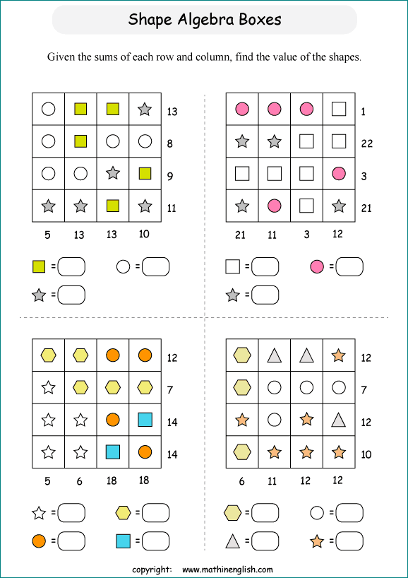 printable Shape Boxes Equation and Algebra IQ puzzle