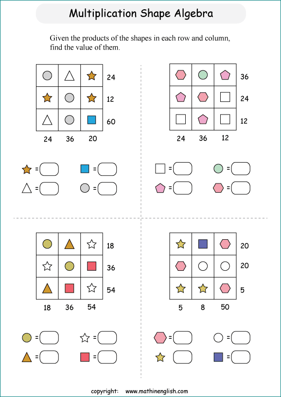 printable Shape Boxes Equation and Algebra IQ puzzle