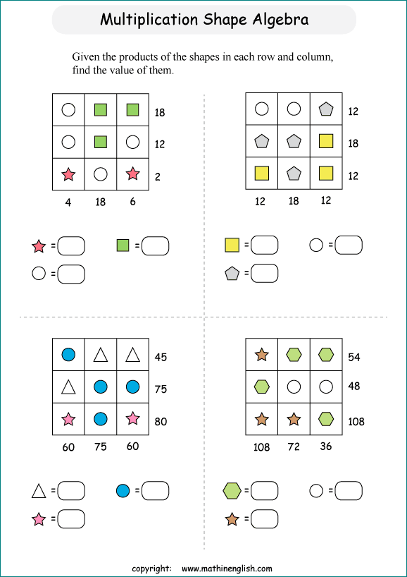 printable Shape Boxes Equation and Algebra IQ puzzle