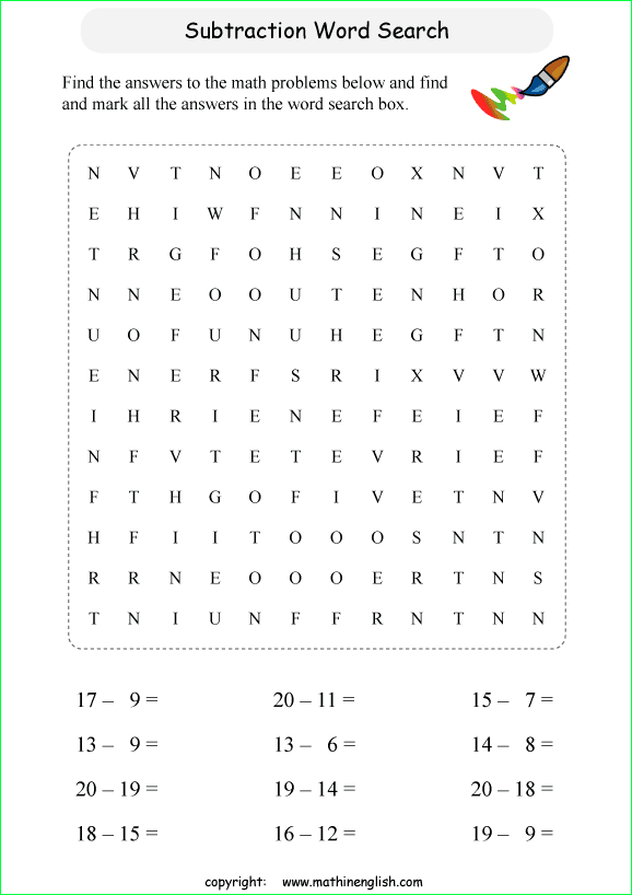 printable subtraction word search puzzles for kids