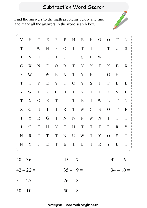 printable subtraction word search puzzles for kids