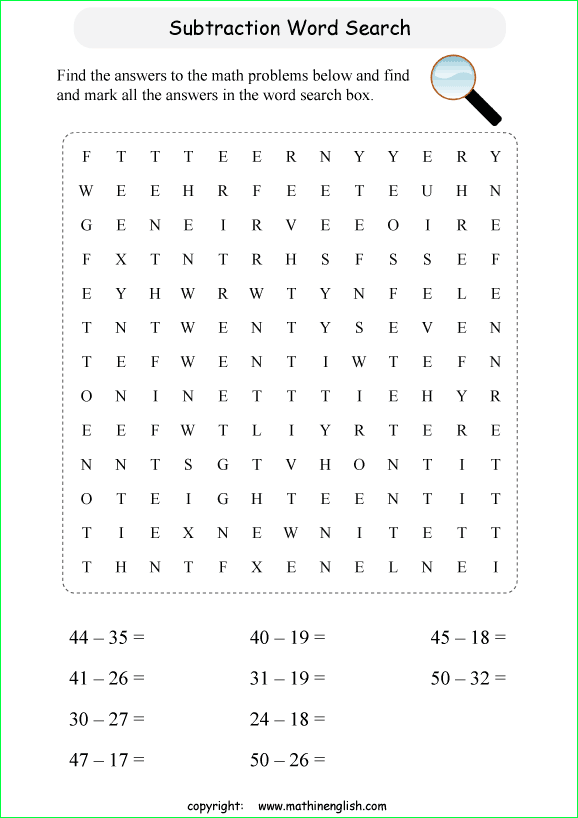 printable subtraction word search puzzles for kids