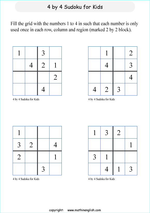 printable 4 by 4 sudoky puzzle for kids