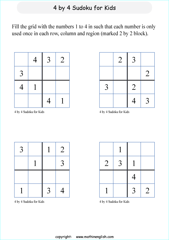 printable 4 by 4 sudoky puzzle for kids