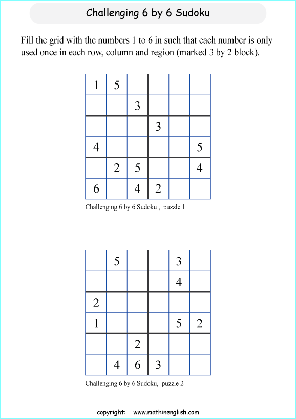 challenging 6 by 6 sudoky puzzle for kids