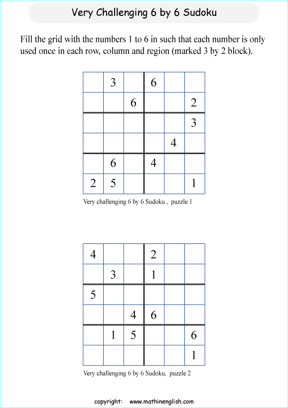 difficult 6 by 6 sudoky puzzle for kids