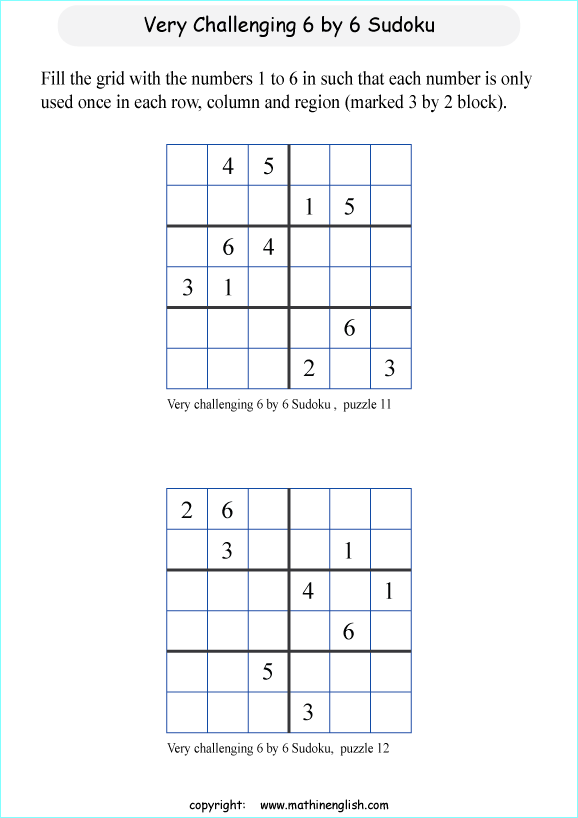 difficult 6 by 6 sudoky puzzle for kids